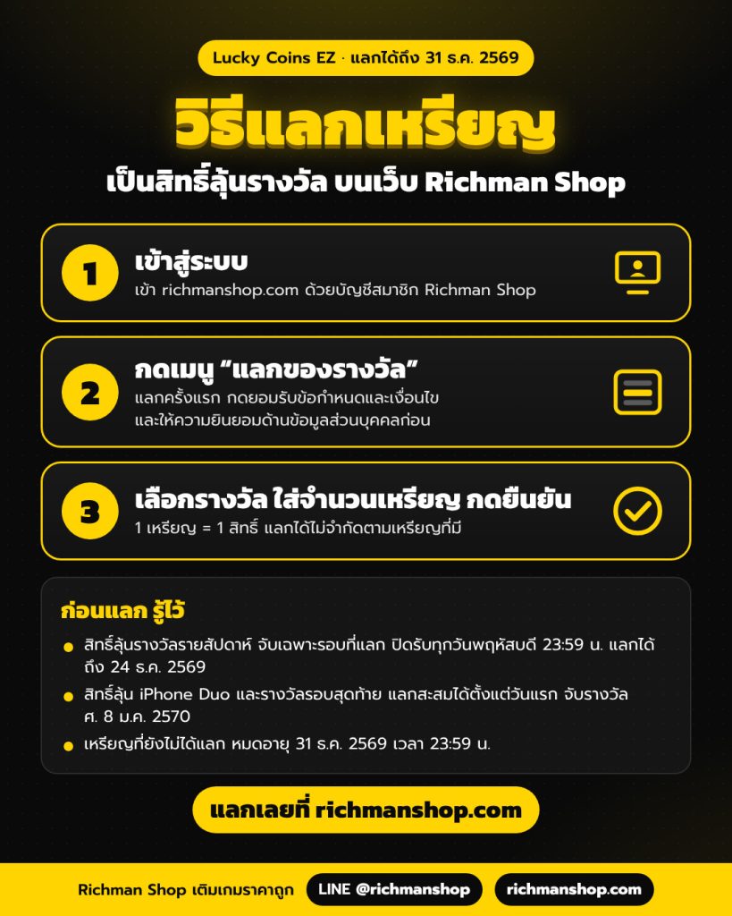 วิธีแลก Lucky Coins เป็นสิทธิ์ลุ้นรางวัลบนเว็บ Richman Shop 3 ขั้นตอน